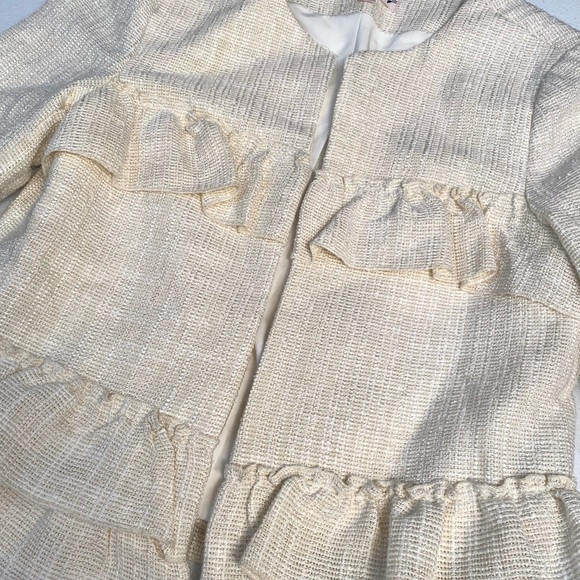 NANETTE LEPORE Ivory Tweed Ruffle Skirt Suit Set Blazer Preppy Metallic - Picture 5 of 12